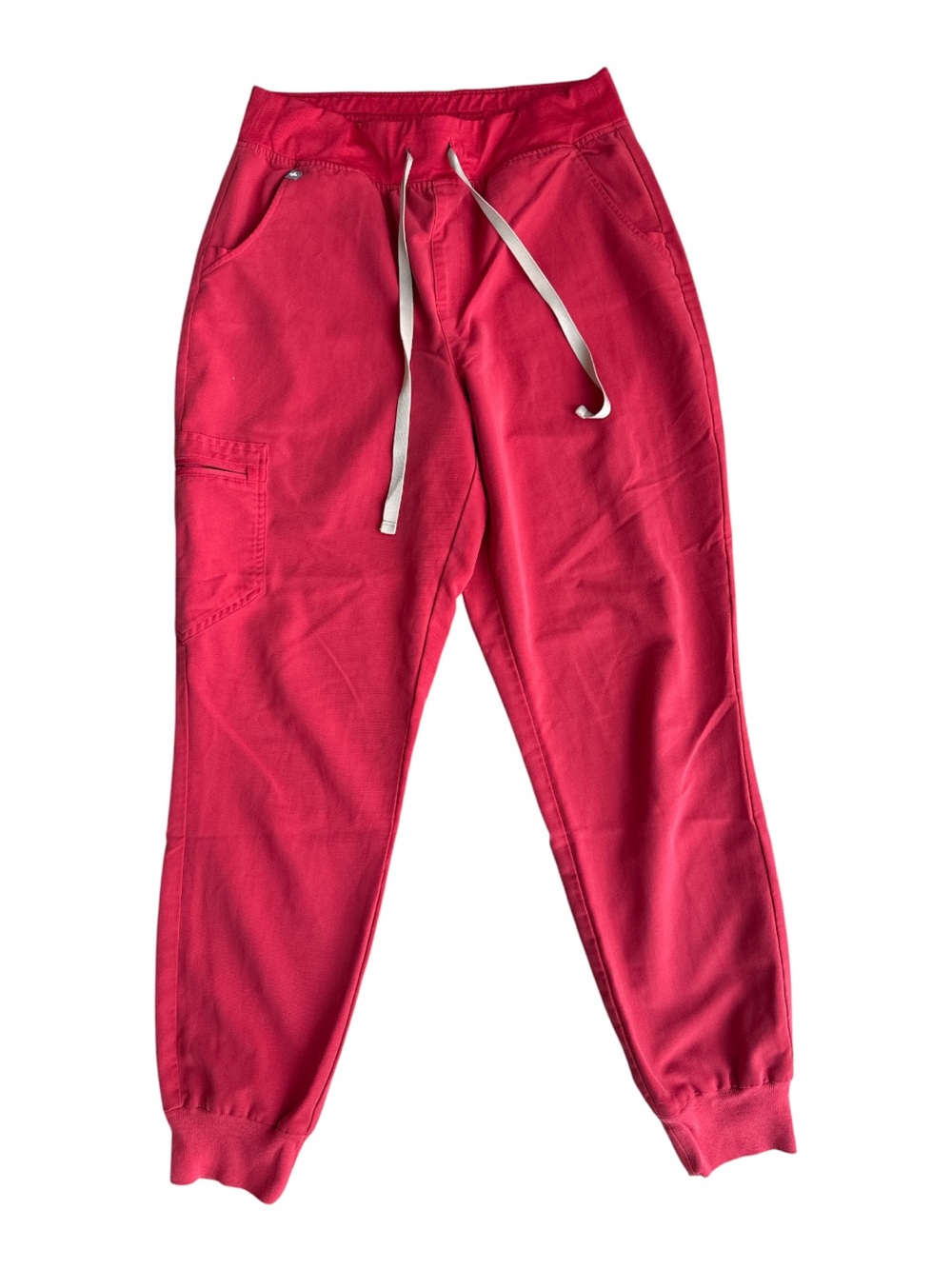 Figs Women's HW Jogger Scrub Pants in Neon Red w cream Drawstring